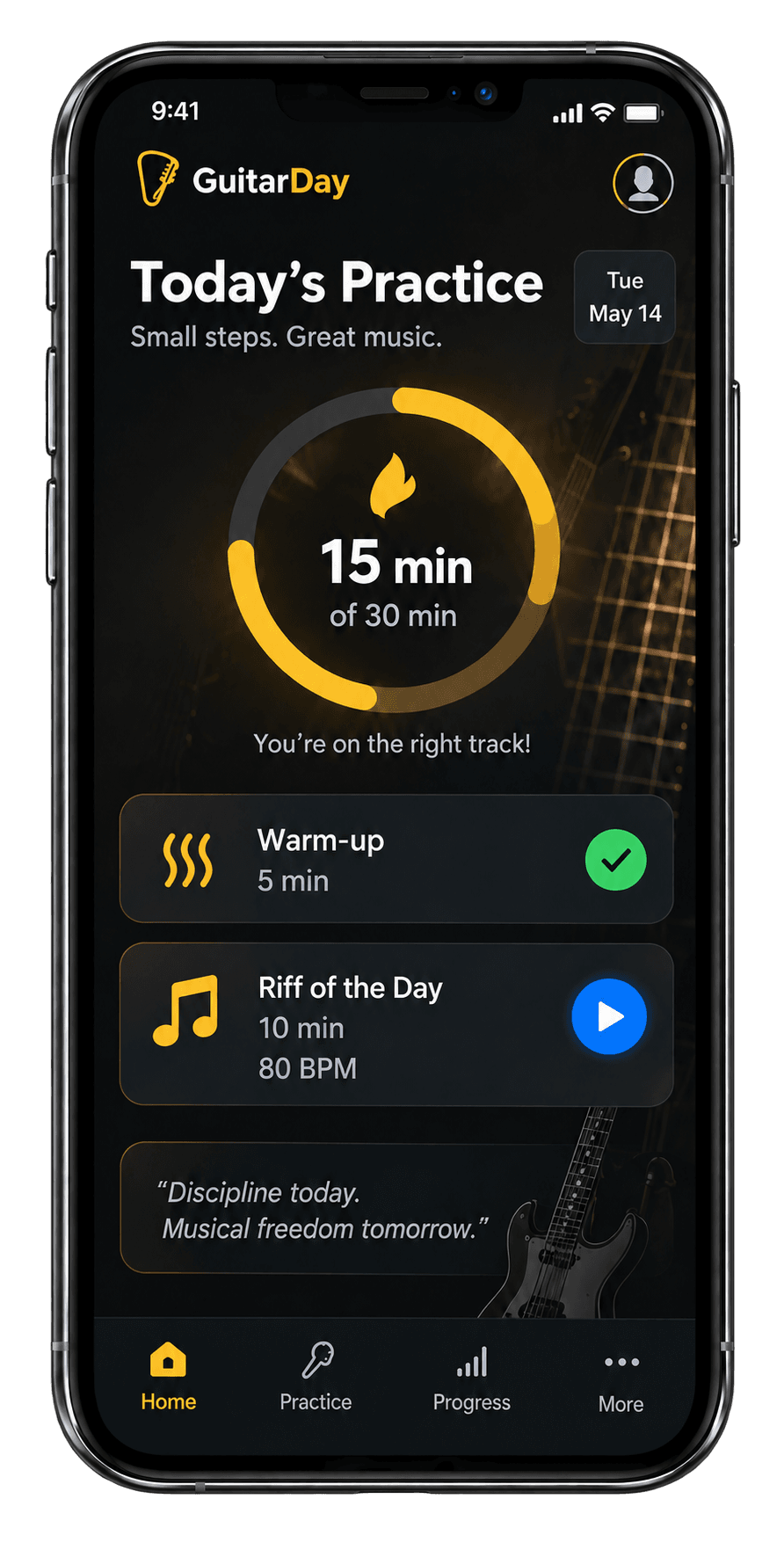 GuitarDay app preview with a gold practice timer, Warm-up and Riff of the Day cards, and progress navigation.